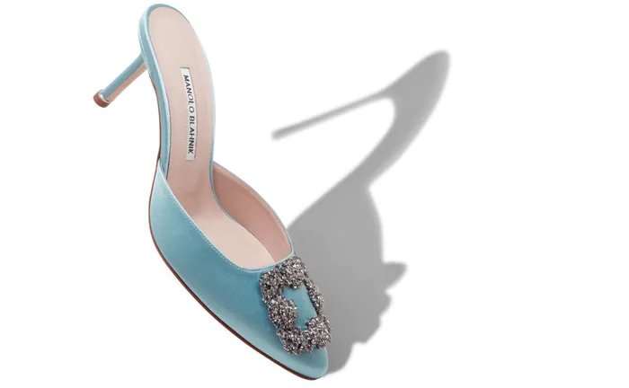 Women Hangisi Manolo Blahnik HANGISIMU Light Blue Satin Jewel Buckle Mules Women Hangisi Manolo Blahnik HANGISIMU Light Blue Satin Jewel Buckle Mules