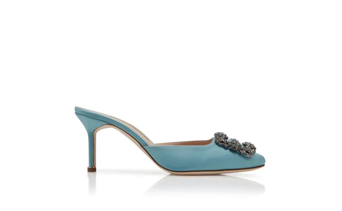 Women Hangisi Manolo Blahnik HANGISIMU Light Blue Satin Jewel Buckle Mules Women Hangisi Manolo Blahnik HANGISIMU Light Blue Satin Jewel Buckle Mules