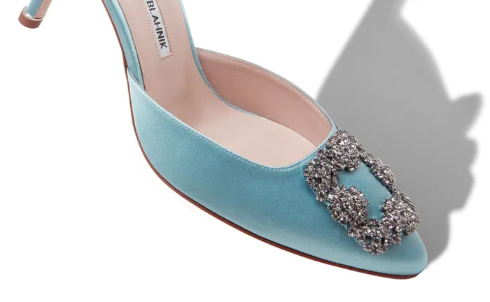 Women Hangisi Manolo Blahnik HANGISIMU Light Blue Satin Jewel Buckle Mules Women Hangisi Manolo Blahnik HANGISIMU Light Blue Satin Jewel Buckle Mules