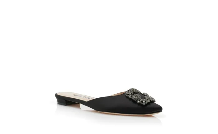 Women Hangisi Manolo Blahnik HANGISIMUFLAT Black Satin Jewel Buckle Flat Mules Women Hangisi Manolo Blahnik HANGISIMUFLAT Black Satin Jewel Buckle Flat Mules