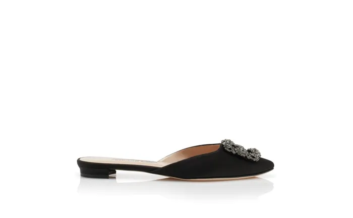Women Hangisi Manolo Blahnik HANGISIMUFLAT Black Satin Jewel Buckle Flat Mules Women Hangisi Manolo Blahnik HANGISIMUFLAT Black Satin Jewel Buckle Flat Mules