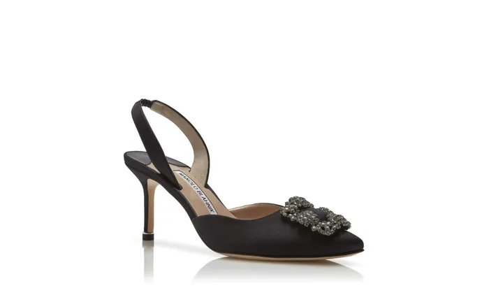 Women Hangisi Manolo Blahnik HANGISLI Black Satin Jewel Buckle Slingback Pumps Women Hangisi Manolo Blahnik HANGISLI Black Satin Jewel Buckle Slingback Pumps