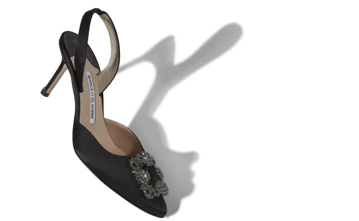 Women Hangisi Manolo Blahnik HANGISLI Black Satin Jewel Buckle Slingback Pumps