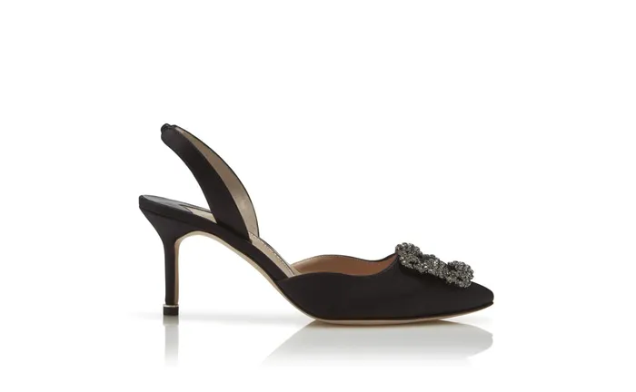 Women Hangisi Manolo Blahnik HANGISLI Black Satin Jewel Buckle Slingback Pumps