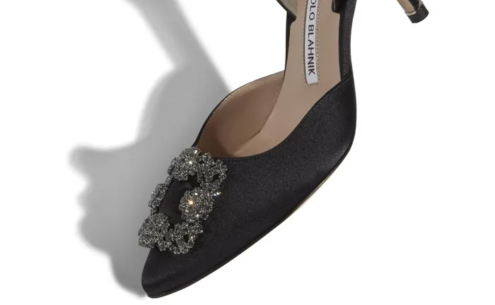 Women Hangisi Manolo Blahnik HANGISLI Black Satin Jewel Buckle Slingback Pumps