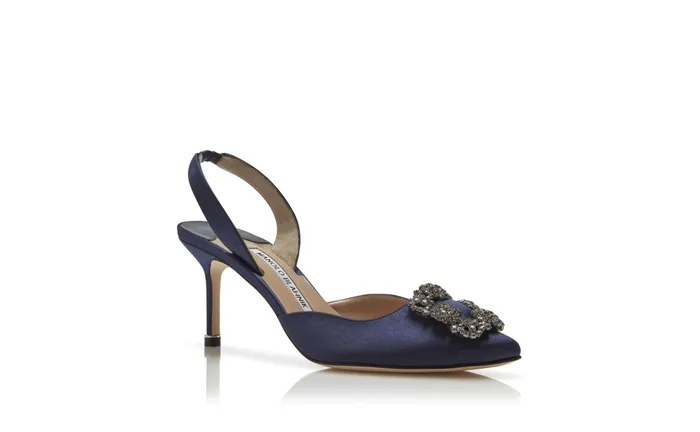 Women Hangisi Manolo Blahnik HANGISLI Navy Blue Satin Jewel Buckle Slingback Pumps Women Hangisi Manolo Blahnik HANGISLI Navy Blue Satin Jewel Buckle Slingback Pumps