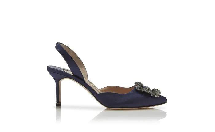 Women Hangisi Manolo Blahnik HANGISLI Navy Blue Satin Jewel Buckle Slingback Pumps