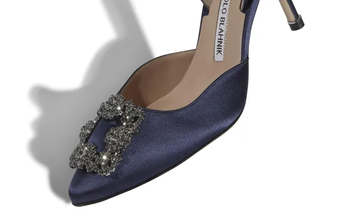 Women Hangisi Manolo Blahnik HANGISLI Navy Blue Satin Jewel Buckle Slingback Pumps