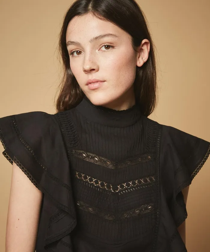 Women Hartford Shirts and Tops Black Hedine Top With Lace And Embroideries