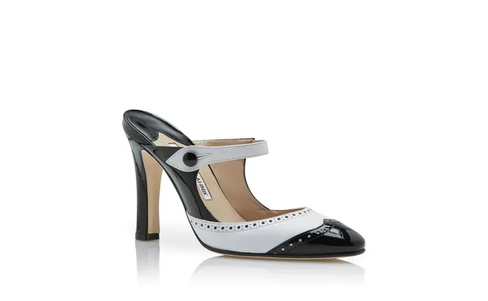 Women High Heels Manolo Blahnik AGATHA Black And White Patent Brogue Detail Mules Women High Heels Manolo Blahnik AGATHA Black And White Patent Brogue Detail Mules