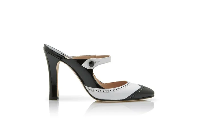 Women High Heels Manolo Blahnik AGATHA Black And White Patent Brogue Detail Mules Women High Heels Manolo Blahnik AGATHA Black And White Patent Brogue Detail Mules