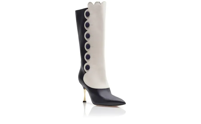 Women High Heels Manolo Blahnik ALAYEA Navy Blue And Cream Calf Leather Knee High Boots Women High Heels Manolo Blahnik ALAYEA Navy Blue And Cream Calf Leather Knee High Boots