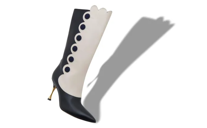 Women High Heels Manolo Blahnik ALAYEA Navy Blue And Cream Calf Leather Knee High Boots Women High Heels Manolo Blahnik ALAYEA Navy Blue And Cream Calf Leather Knee High Boots