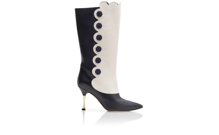 Women High Heels Manolo Blahnik ALAYEA Navy Blue And Cream Calf Leather Knee High Boots Women High Heels Manolo Blahnik ALAYEA Navy Blue And Cream Calf Leather Knee High Boots