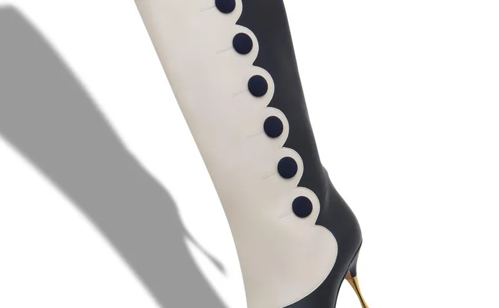 Women High Heels Manolo Blahnik ALAYEA Navy Blue And Cream Calf Leather Knee High Boots Women High Heels Manolo Blahnik ALAYEA Navy Blue And Cream Calf Leather Knee High Boots