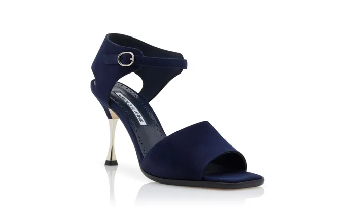 Women High Heels Manolo Blahnik ARCEA Navy Blue Suede Square Toe Sandals