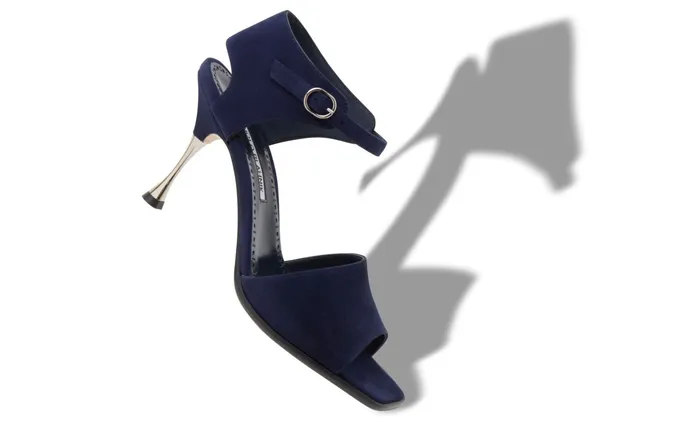 Women High Heels Manolo Blahnik ARCEA Navy Blue Suede Square Toe Sandals