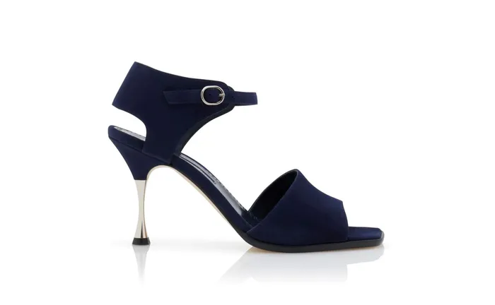 Women High Heels Manolo Blahnik ARCEA Navy Blue Suede Square Toe Sandals