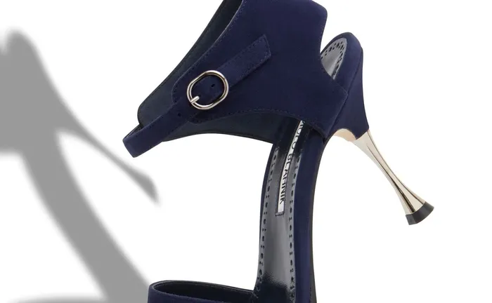 Women High Heels Manolo Blahnik ARCEA Navy Blue Suede Square Toe Sandals