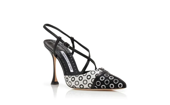 Women High Heels Manolo Blahnik BASIANA Black And White Wool Spotty Pumps