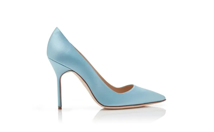 Women High Heels Manolo Blahnik BB Light Blue Satin Pointed Toe Pumps
