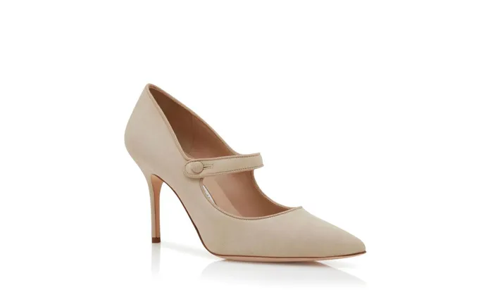 Women High Heels Manolo Blahnik CAMPARINEW Light Beige Suede Mary Jane Pumps