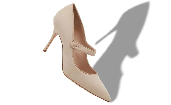 Women High Heels Manolo Blahnik CAMPARINEW Light Beige Suede Mary Jane Pumps Women High Heels Manolo Blahnik CAMPARINEW Light Beige Suede Mary Jane Pumps