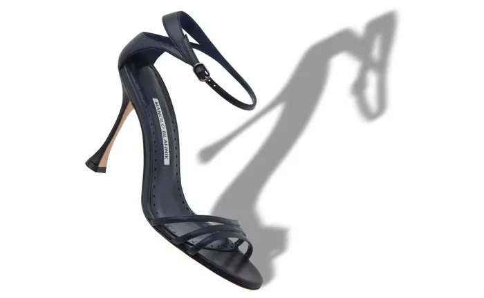 Women High Heels Manolo Blahnik CARACOL Navy Blue Nappa Leather Strappy Sandals