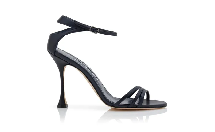 Women High Heels Manolo Blahnik CARACOL Navy Blue Nappa Leather Strappy Sandals