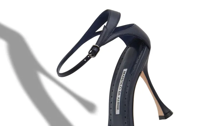 Women High Heels Manolo Blahnik CARACOL Navy Blue Nappa Leather Strappy Sandals