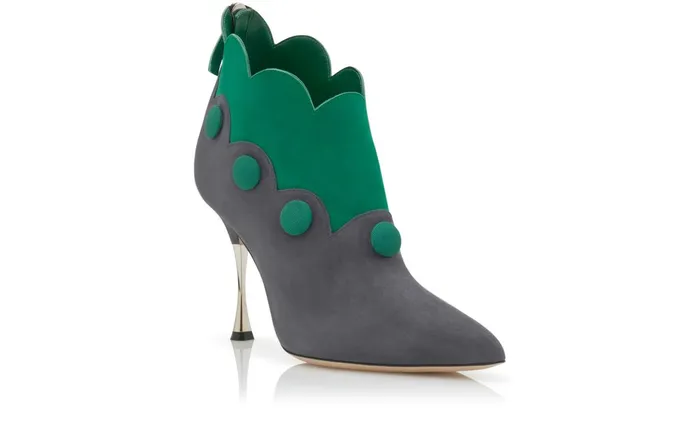 Women High Heels Manolo Blahnik CHAL Dark Grey And Green Suede Scalloped Boots