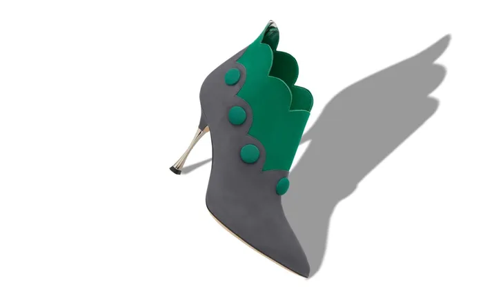 Women High Heels Manolo Blahnik CHAL Dark Grey And Green Suede Scalloped Boots Women High Heels Manolo Blahnik CHAL Dark Grey And Green Suede Scalloped Boots