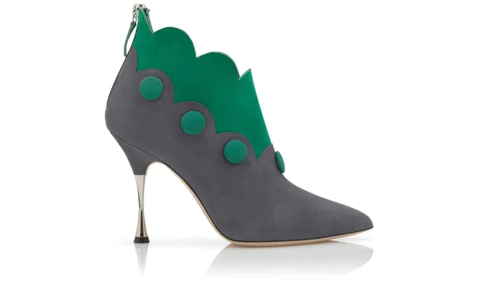 Women High Heels Manolo Blahnik CHAL Dark Grey And Green Suede Scalloped Boots Women High Heels Manolo Blahnik CHAL Dark Grey And Green Suede Scalloped Boots