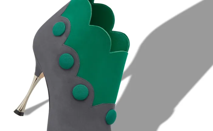 Women High Heels Manolo Blahnik CHAL Dark Grey And Green Suede Scalloped Boots Women High Heels Manolo Blahnik CHAL Dark Grey And Green Suede Scalloped Boots
