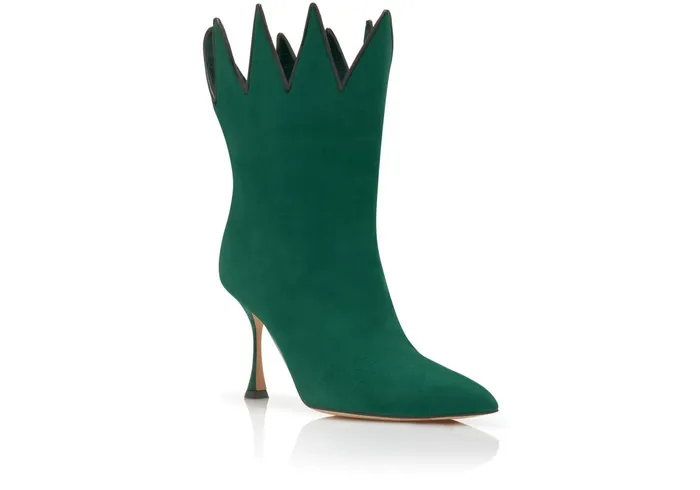 Women High Heels Manolo Blahnik CHICUELO Green Suede Zigzag CutOut Boots
