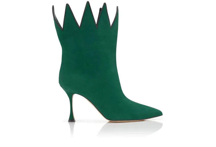 Women High Heels Manolo Blahnik CHICUELO Green Suede Zigzag CutOut Boots