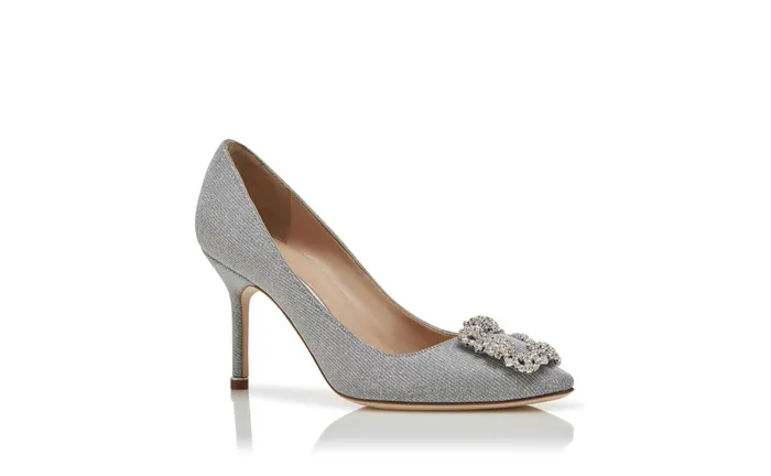 Women High Heels Manolo Blahnik HANGISI GLITTER 90 Silver Glitter Fabric Jewel Buckle Pumps Women High Heels Manolo Blahnik HANGISI GLITTER 90 Silver Glitter Fabric Jewel Buckle Pumps