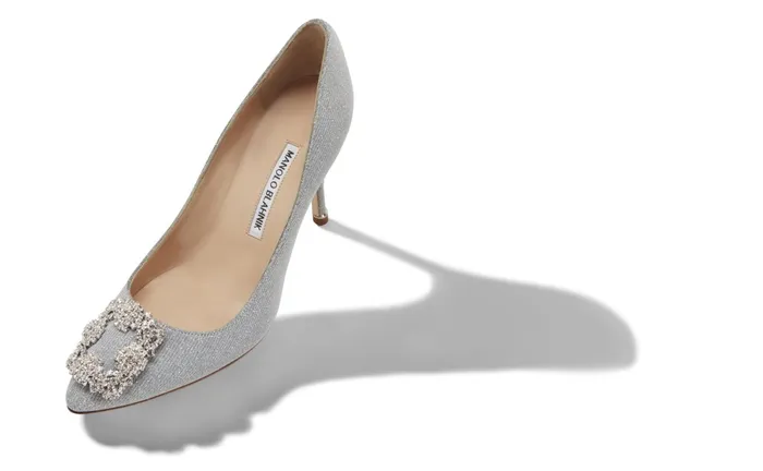 Women High Heels Manolo Blahnik HANGISI GLITTER 90 Silver Glitter Fabric Jewel Buckle Pumps