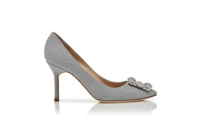 Women High Heels Manolo Blahnik HANGISI GLITTER 90 Silver Glitter Fabric Jewel Buckle Pumps