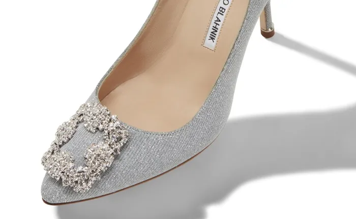 Women High Heels Manolo Blahnik HANGISI GLITTER 90 Silver Glitter Fabric Jewel Buckle Pumps