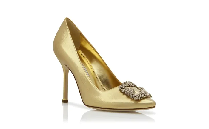 Women High Heels Manolo Blahnik HANGISI Gold Fabric Jewel Buckle Pumps