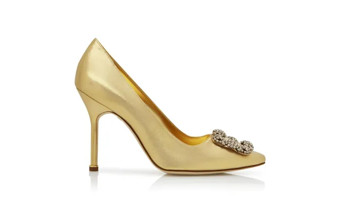 Women High Heels Manolo Blahnik HANGISI Gold Fabric Jewel Buckle Pumps Women High Heels Manolo Blahnik HANGISI Gold Fabric Jewel Buckle Pumps