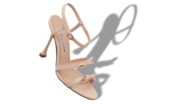Women High Heels Manolo Blahnik IRCANA Pale Pink Nappa Leather Bow Detail Sandals
