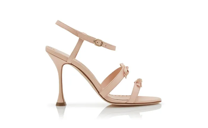 Women High Heels Manolo Blahnik IRCANA Pale Pink Nappa Leather Bow Detail Sandals