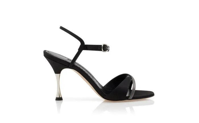 Women High Heels Manolo Blahnik MIRTEA Black And Dark Grey Satin Strappy Sandals Women High Heels Manolo Blahnik MIRTEA Black And Dark Grey Satin Strappy Sandals