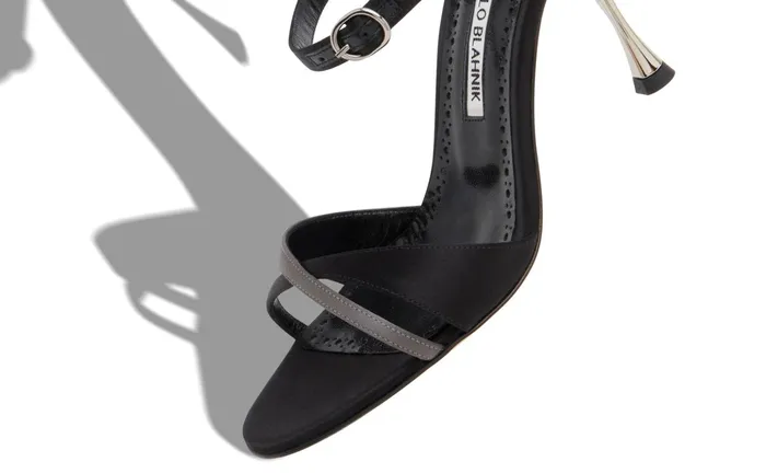 Women High Heels Manolo Blahnik MIRTEA Black And Dark Grey Satin Strappy Sandals Women High Heels Manolo Blahnik MIRTEA Black And Dark Grey Satin Strappy Sandals