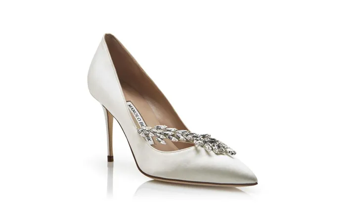 Women High Heels Manolo Blahnik NADIRA White Satin Jewel Buckle Pumps
