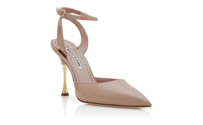 Women High Heels Manolo Blahnik PETA Light Beige Patent Pointed Toe Pumps