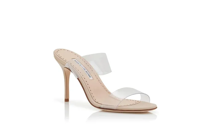 Women High Heels Manolo Blahnik SCOLTO Light Beige PVC SlipOn Sandals