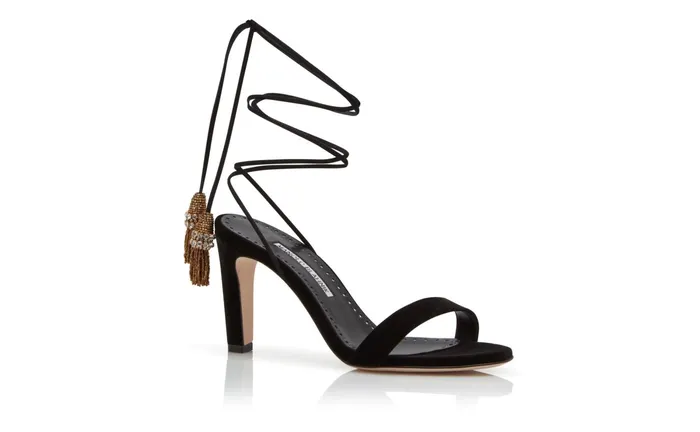 Women High Heels Manolo Blahnik TENSA Black Velvet Strappy Sandals